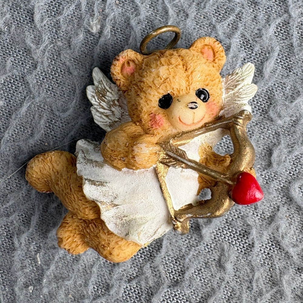 Vintage Resin Cupid Teddy Bear Angel Figurine Charm Red Heart Gold Bow 1.5 Inch